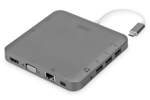 Dock USB Type-C - HDMI / Mini DP / VGA /  USB-C / 3x USB3.0 / RJ45 / 2x card reader - 60W power delivery - 12x12x1.7cm